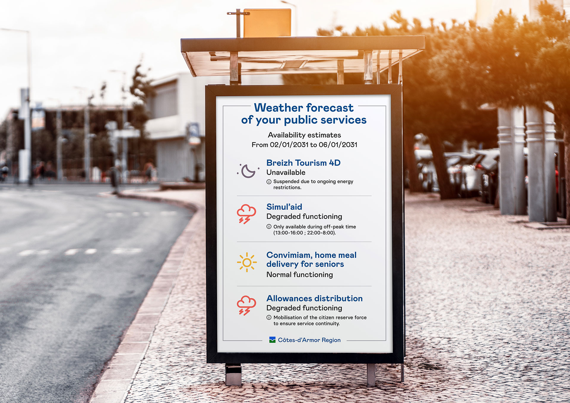 The "weather" of algorithm-based public services announcing the availability of the digital services they operate, displayed on a public board